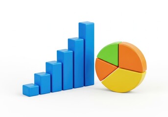 Bar chart and pie chart showing growth and data analysis isolated on white background