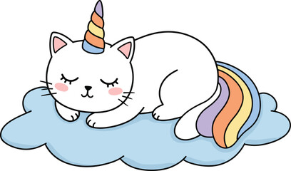 Cute sleeping cat unicorn on cloud, pastel rainbow tail, kawaii character art, children theme, cad drawing flat vector illustration, fantasy animal