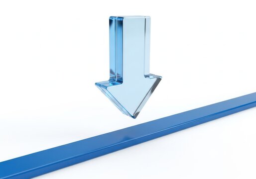 Blue glass arrow pointing down on a blue line, isolated on white background