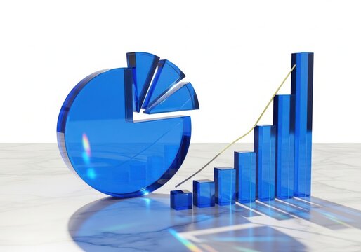 Blue glass pie chart and bar graph showing financial growth and data analysis, isolated on white background