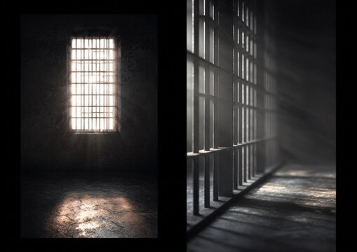 Two interior prison cells, dimly lit, with sunlight streaming through barred windows
