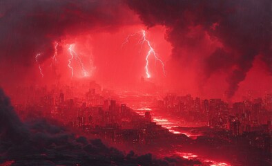 Obraz premium A city engulfed in a crimson storm