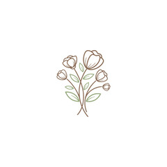 A simple line art illustration of a bouquet of flowers with leaves on a white background.