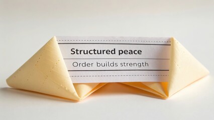 Creative origami design featuring a message about structured peace and strength in a minimalist aesthetic on a neutral background.