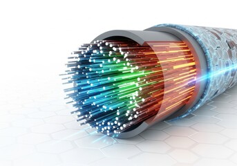 Closeup view of a bundle of fiber optic cables transmitting colorful light signals, isolated on white background