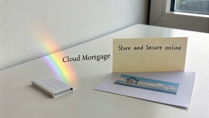 Creative workspace setup with rainbow reflection featuring paper note, image of house, and USB drive on a clean desk