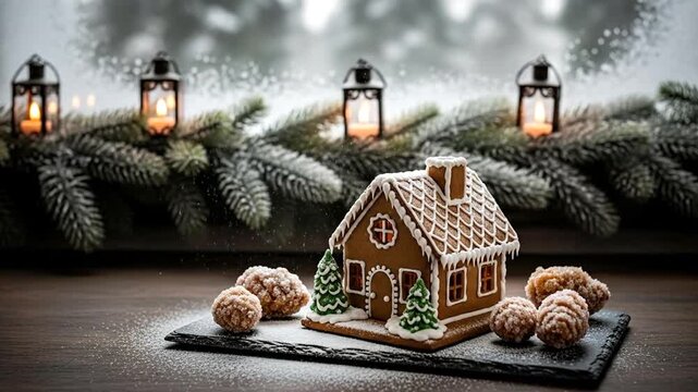 Festive Gingerbread House and Snowball Cookies on Slate Board with Pine Branches and Candles Against Snowy Backdrop Winter Holiday Treat Concept with Warm Candlelight Ambiance 185 character