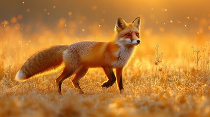 Fototapeta premium Red fox walking in golden sunset meadow.