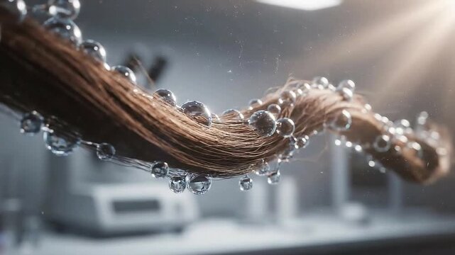 Healthy Hair Strand Treatment with Transparent Serum Droplets in Bright Lab Environment Hair Care, Beauty, Cosmetic Research Concept for Product Promotion 198 character