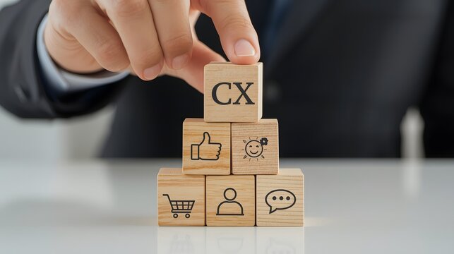 Businessman building wooden cube pyramid with CX and customer experience icons such as shopping cart, like, communication, and idea, symbolizing service quality, marketing strategy, and customer satis