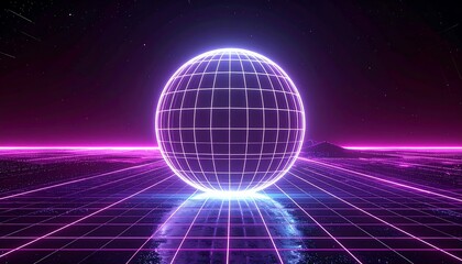 Neon-lit, gridded sphere floats in a synthwave-inspired landscape