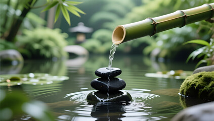 Bamboo water flowing onto black pebbles in a tranquil Zen scene