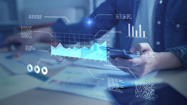 Businessman analyzing virtual data futuristic holographic dashboard business intelligence BI financial analysis big data visualization. stock market investment trends financial performance statistics