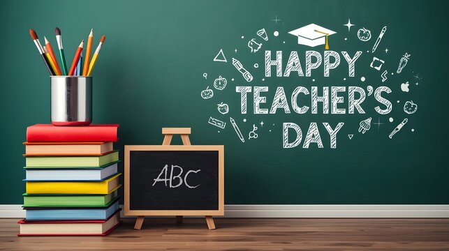 Happy Teacher’s Day message written on a green chalkboard with stacked colorful books, chalk drawings, and small blackboard with ABC letters, celebrating education, learning, and appreciation for teac