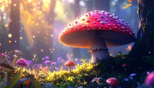 Vibrant image of a red-capped mushroom in a sunlit, magical forest scene