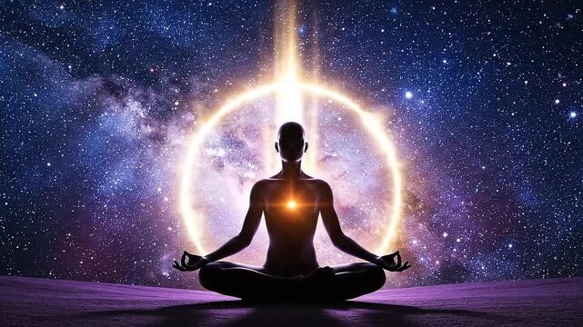 Silhouette in Yoga Pose Against a Starry Cosmic Background with a Glowing Aura Illustration of Mindfulness and Inner Peace with Vibrant Colors and Spiritual Symbolism Depicting Serenity
