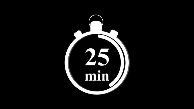 Clock Face Timer - The 25 minutes, stopwatch icon. Stopwatch icon in flat style. white and Black background 4k video timer 25 minutes countdown icon. Time measure.