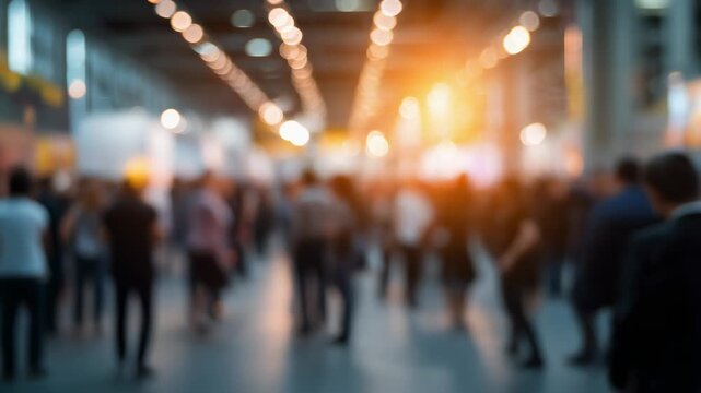 Crowded exhibition hall with blurred background and lights, perfect for business events and networking