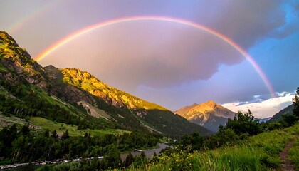 Obraz premium Vivid rainbow arches over verdant valley with lush mountains