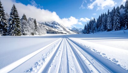 Fototapeta premium Winter landscape with snowy trails and trees under a bright blue sky