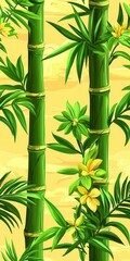 Vibrant green bamboo stalks with yellow flowers against a soft yellow background.