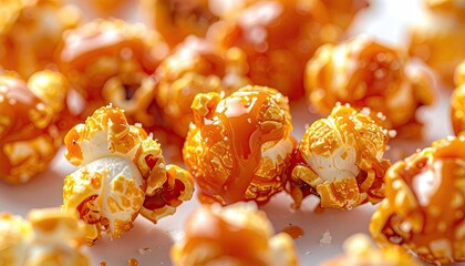 Macro Close up of Caramel Popcorn Glazed with Sweet Syrup and Sugar Crystals in Bright Natural Sunlight