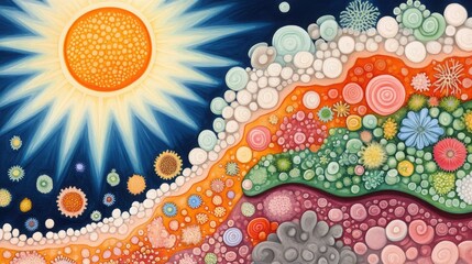 Colorful Abstract Art with Geometric Shapes and Sunburst Pattern Featuring Vivid Textures and Decorative Elements