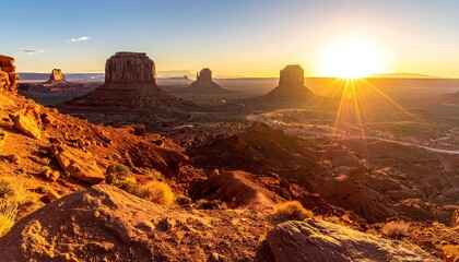 Monument Valley Sunrise Golden Hour Sunlight Illuminating Majestic Sandstone Buttes Against Vast Desert Landscape