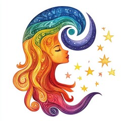 Watercolor Illustration of a Woman with Rainbow Hair and Celestial Stars on White Background