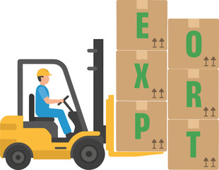 forklift operated by a worker lifting stacked cargo boxes that form the word “EXPORT.”