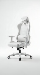 Modern white ergonomic gaming chair with adjustable lumbar support and high-back racer styling, isolated on a clean white background.