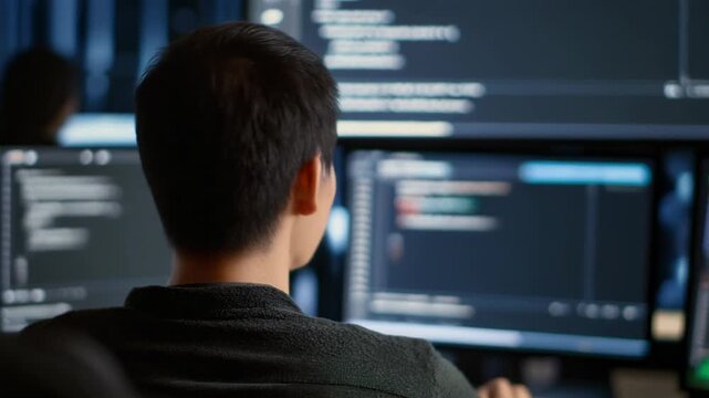 Focused programmer coding in a modern workspace with multiple screens displaying code