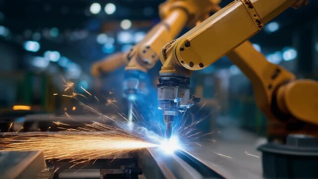 Innovative robotic arms welding metal in a modern industrial setting with sparks flying