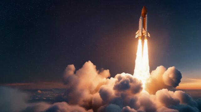 Stunning rocket launch at dusk illuminating clouds and sky with dynamic flames and smoke