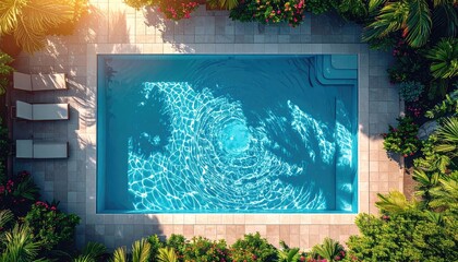 Top Down Aerial View of a Pristine Blue Swimming Pool Surrounded by Lush Greenery and Blooming Pink Flowers Bathed in Warm Golden Hour Sunlight with Relaxing Sun Loungers Nearby