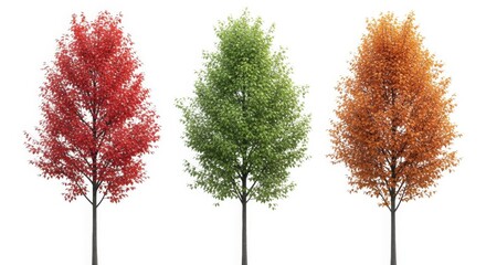 Obraz premium Three tall deciduous trees with vibrant autumn foliage colors including red green and orange isolated on white background