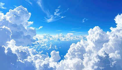 Vast blue sky filled with dramatic white cumulus clouds and sunlight shining on the ocean below creating a serene and ethereal atmosphere