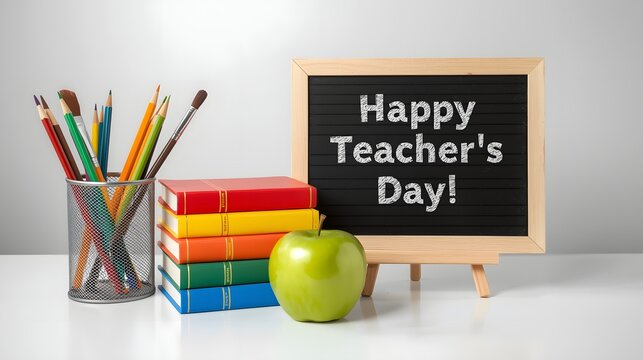 Happy Teacher’s Day still life composition with chalkboard message, stack of colorful books, apple, and cup of pencils symbolizing education, creativity, appreciation, and gratitude for teachers world