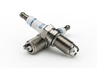 Two spark plugs crossed on a white background, essential components for internal combustion engines in vehicles and machinery