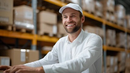 Smiling man working on a laptop in a warehouse environment, showcasing modern logistics and teamwork