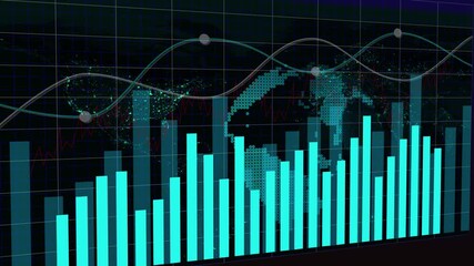 Global Financial Data Analysis with Teal Bar Chart and World Map Overlay finance. Digital finance visualization featuring teal bar chart and world map overlay for global market analytics. - Powered by Adobe