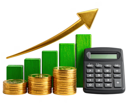 A financial growth chart showing green bars and a gold upward arrow. Stacks of gold coins and a calculator symbolize economic progress, on a transparent background.