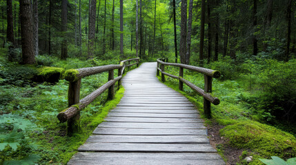 Obraz premium Winding woodland boardwalk surrounded by lush greenery and tall trees creates serene atmosphere