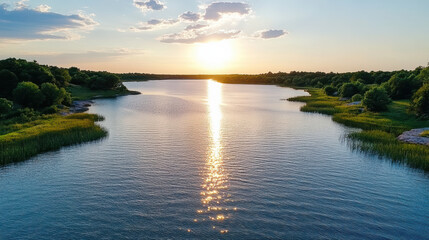 Obraz premium Serene sunset over tranquil lake reflecting golden light, surrounded by lush greenery and gentle