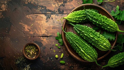 A Rustic Overhead View Showcases Several Fresh Bitter Melons Arranged in a Round Wooden Bowl on a Textured Dark Brown Surface with a Small Bowl of Seasoning Nearby