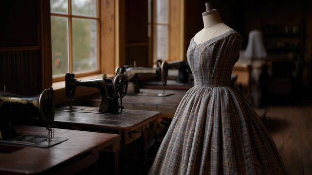 Elegant vintage dress on mannequin in a charming sewing studio with classic sewing machines