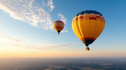 Obraz premium Hot air balloons floating in serene sky during sunset, creating tranquil atmosphere
