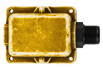 Weathered yellow industrial electrical junction box enclosure isolated on a transparent background