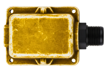 Weathered yellow industrial electrical junction box enclosure isolated on a transparent background