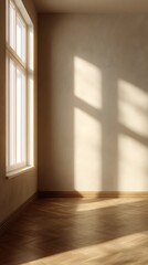 Obraz premium Bright sunlight streams through a window illuminating an empty room with herringbone floor